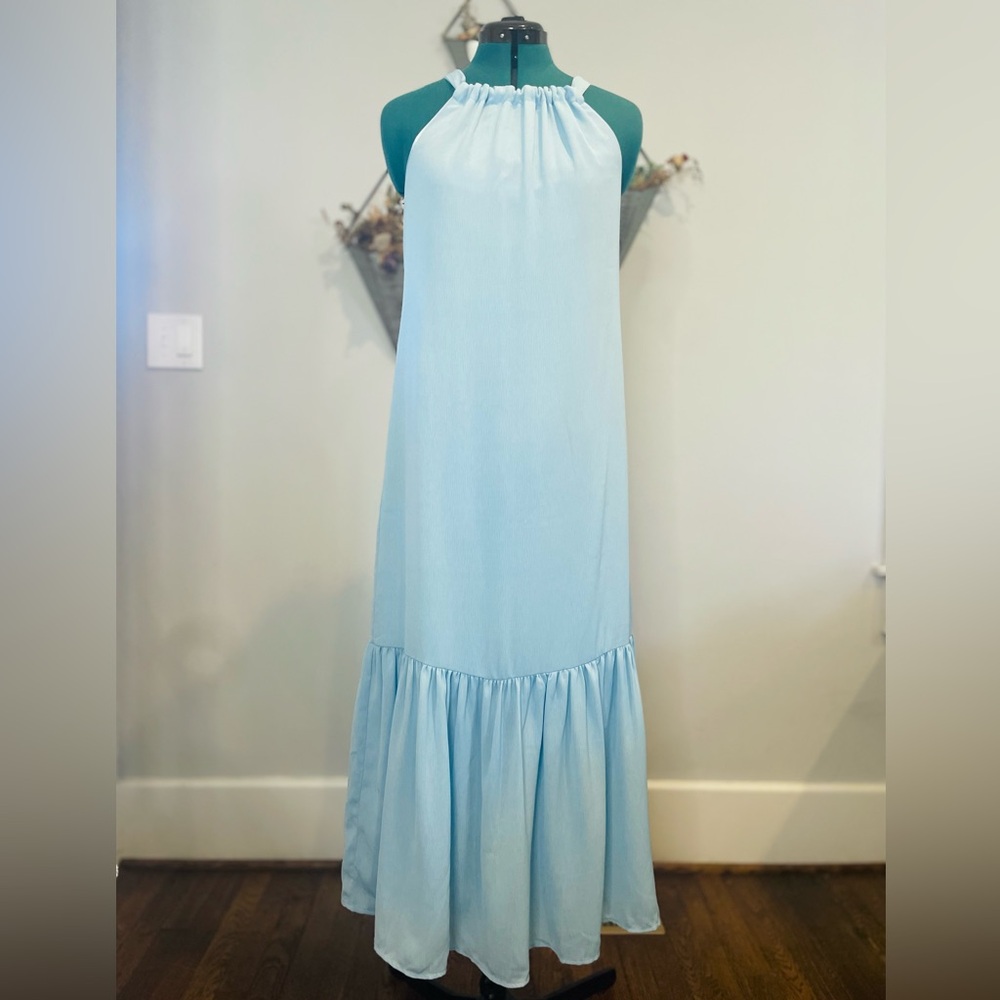 JustFab Blue Sleeveless Halter Maxi Dress with Ruffle Hem